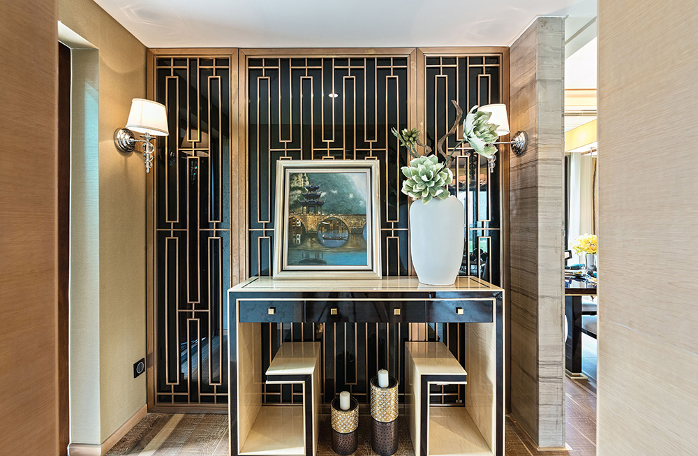 新中式風格室內(nèi)裝修設計效果圖-恒大西江天悅平層195平米-室內(nèi)裝修設計玄關(guān)