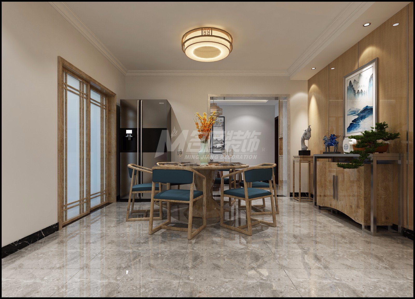 嘉興市南塘琴園新中式風格三居室裝修案例