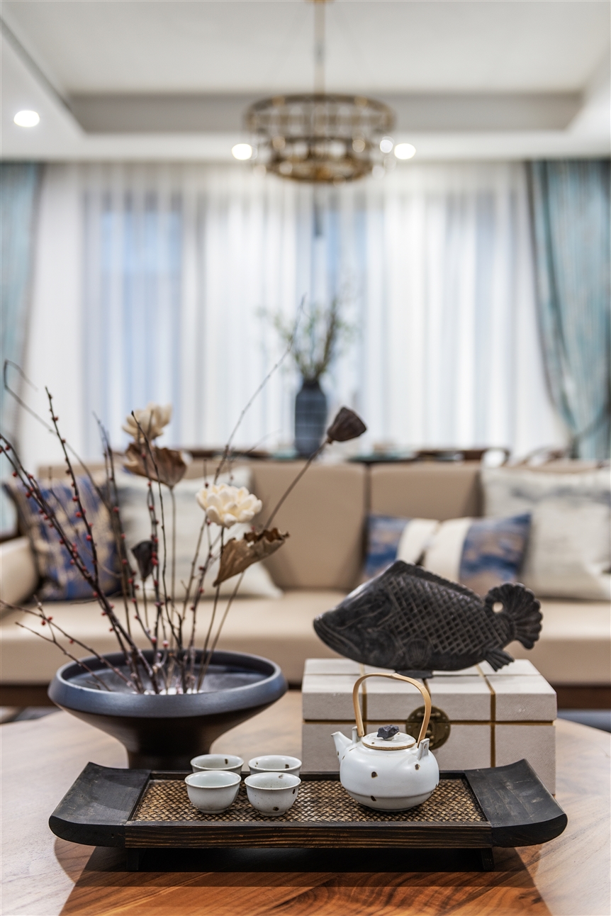 新中式風格室內(nèi)家裝案例效果圖-客廳茶幾