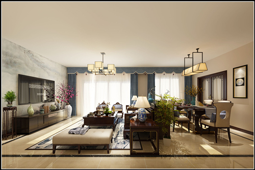 佛山市世茂弘陽(yáng)綠島湖公館新中式風(fēng)格三居室裝修案例